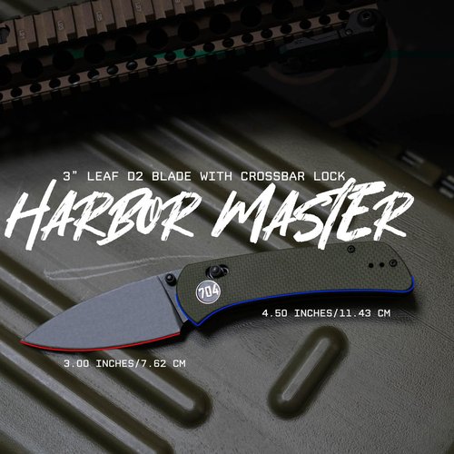 704 Gear Harbor Master EDC Folding Pocket Knife with Crossbar Lock | 3" Leaf Blade, D2 Steel, G10 Handle, Reversible Pocket Clip | Olive Drab Green