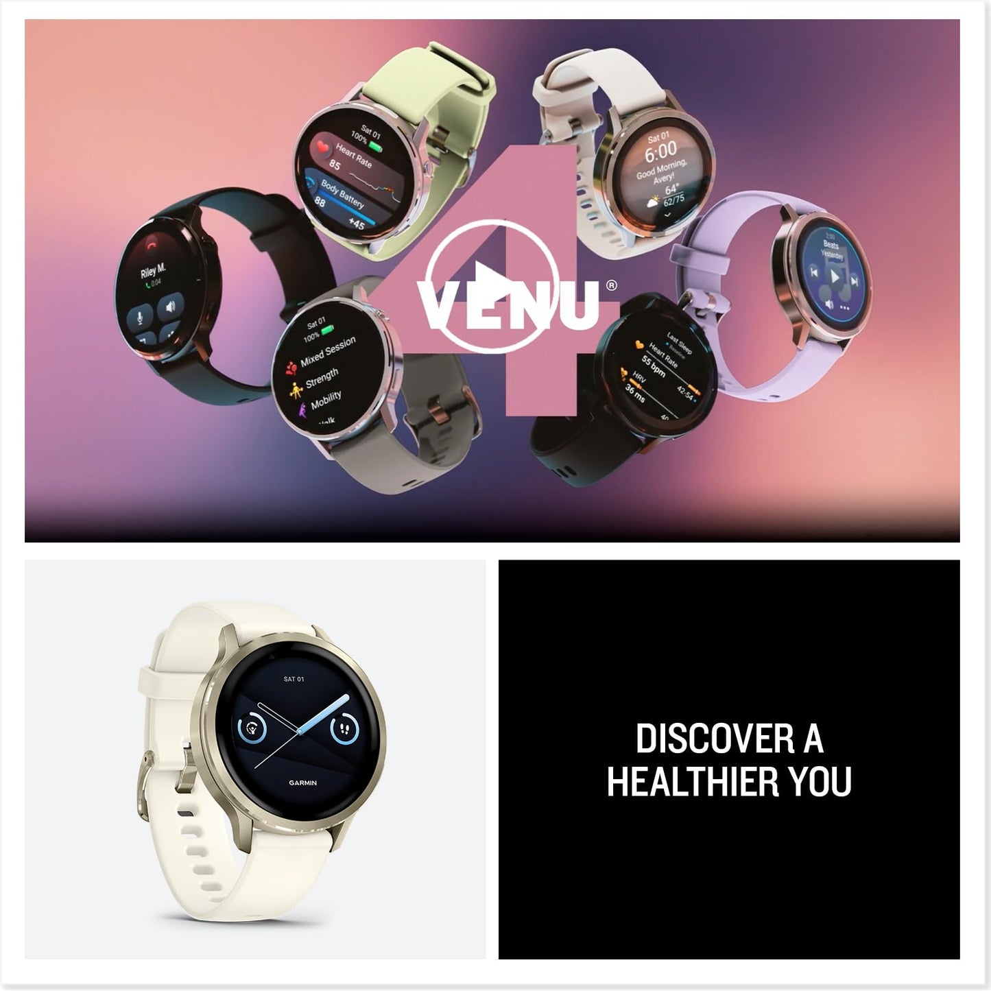 Garmin Venu® 4, 41mm, Advanced Health and Fitness GPS Smartwatch, Bright and Colorful Display, Built-in Flashlight, 10 Days of Battery Life, Lunar Gold with Bone Silicone Band