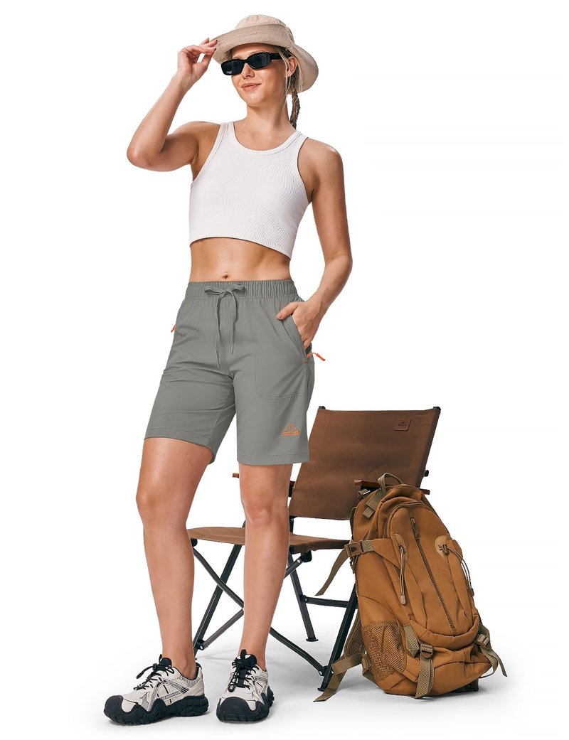Rdruko Women's Hiking Shorts 8" Quick Dry Lightweight Water Resistant Outdoor Travel Shorts with Pockets, Light Gray, XL