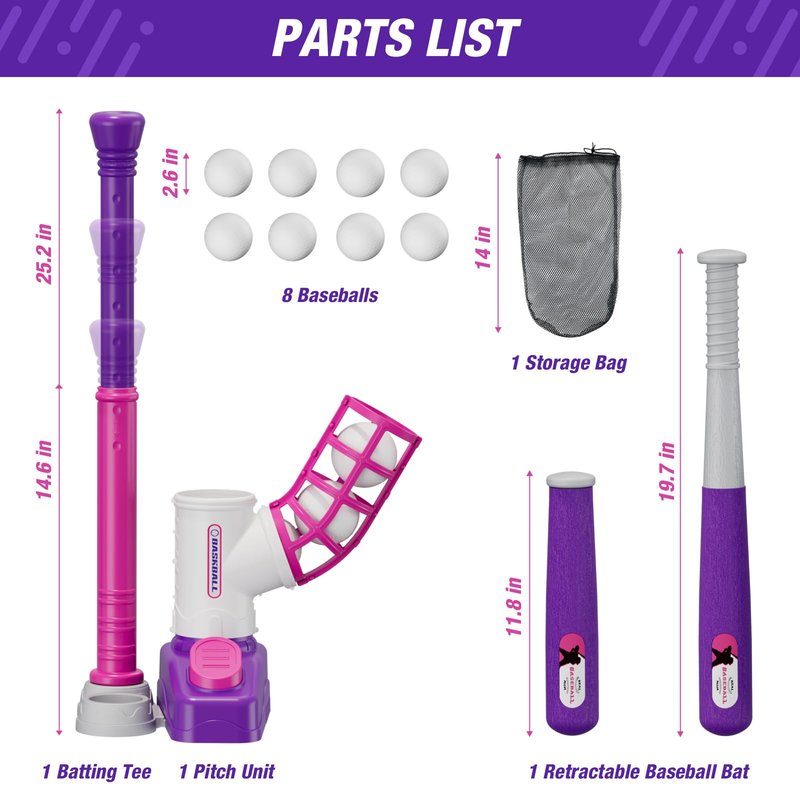 HYES Tball Set for Toddlers 3-5, Tee Ball Set with Step on Pitching Machine/Adjustable Batting Tee/Retractable Baseball Bat/8 Pop Up Balls, Outdoor Sport Toy Games for Kids Girls