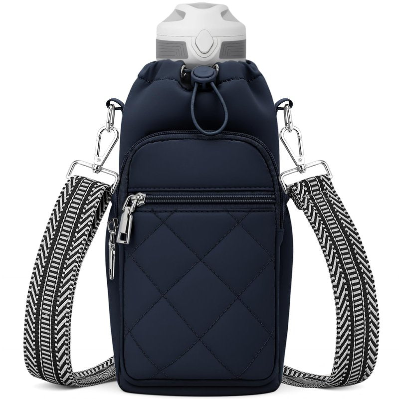 SYTRAH Water Bottle Carrier Bag with Strap, Water Bottle Purse with Phone Pocket 40oz, Insulated Crossbody Bags for Walking Hiking Dark Blue