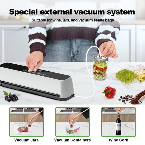 Vacuum Sealer Machine, 5-IN-1 Vacuum Sealer for Food, Powerful Fully Automatic Food Saver with Dry/Moist Mode & LED Smart Touch, Updated Vac & Seal System with 15 Vacuum Seal Bags, 1 Hose