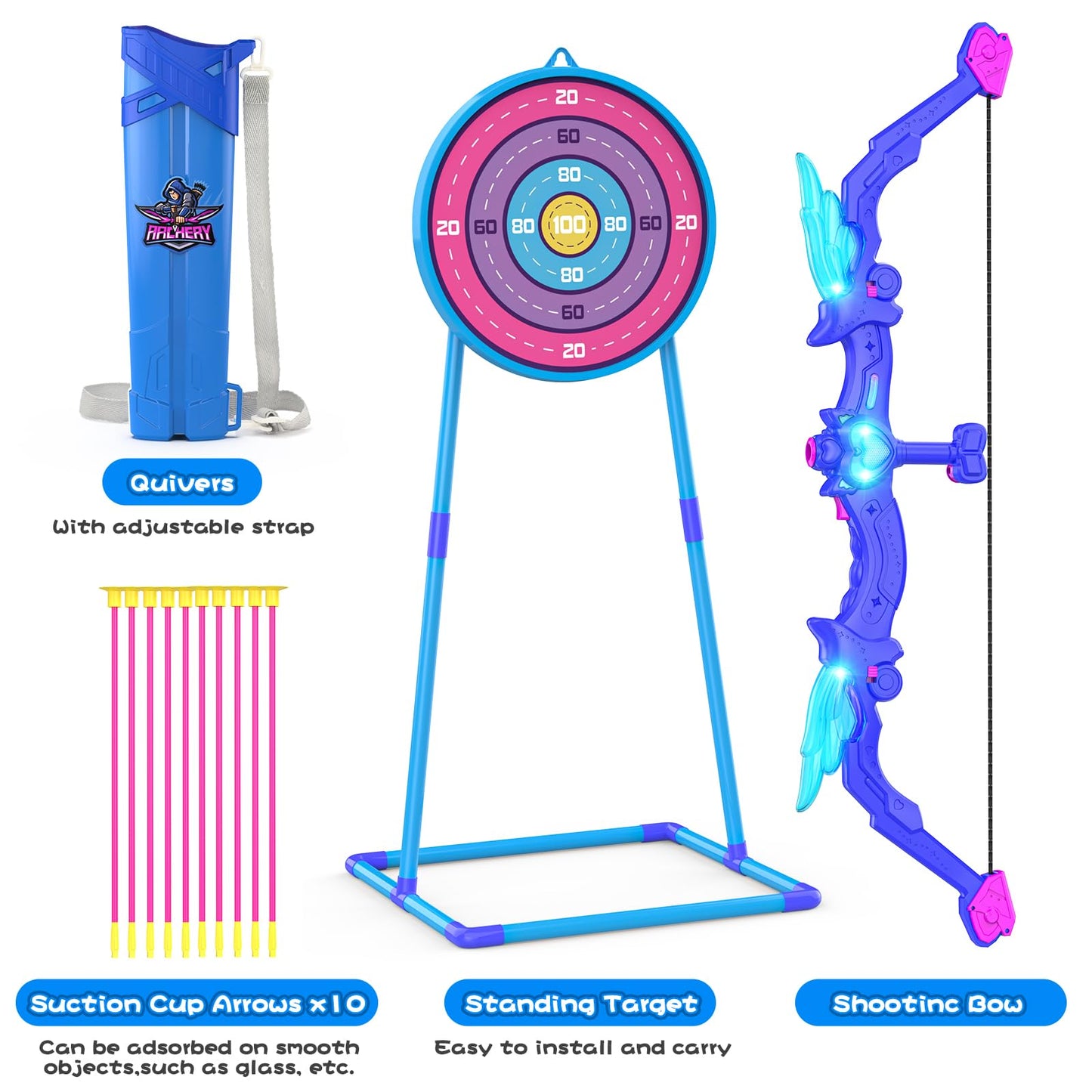 Kids Bow and Arrow Toy, Angel Light Up Archery Set W/ 10 Suction Cup Arrows, Targets & Quiver, Outdoor/Indoor Games for Kids Ages 4-7 8-12, Birthday Gifts for 4 5 6 7 8 9 10 11 12 Year Old Boys Girls