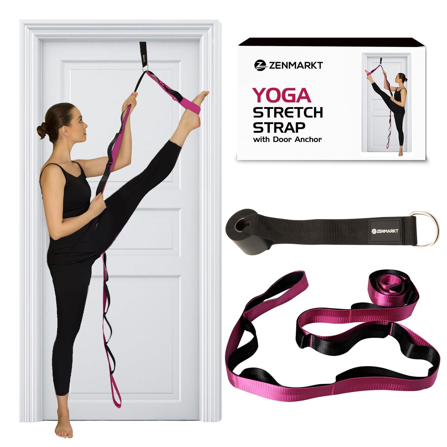 10-Loop Yoga Strap with Door Anchor – Stretch Strap for Flexibility, Deep Stretching, and Improved Balance – Perfect Yoga Accessory for All Fitness Levels (Purple)