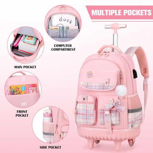 ACESAK Rolling Backpack for Girls - Roller Wheels School bag with Lunch Bag & Pencil Pouch for Teen Girls Kids Wheeled Suitcase Backpacks, Elementary Middle School Travel Daypack (Pink)