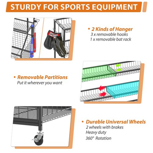 Gadroad Sports Equipment Organizer, Ball Rack, Gear & Ball Storage - Garage Organizer with Baskets, Hooks & Rolling Cart - Black