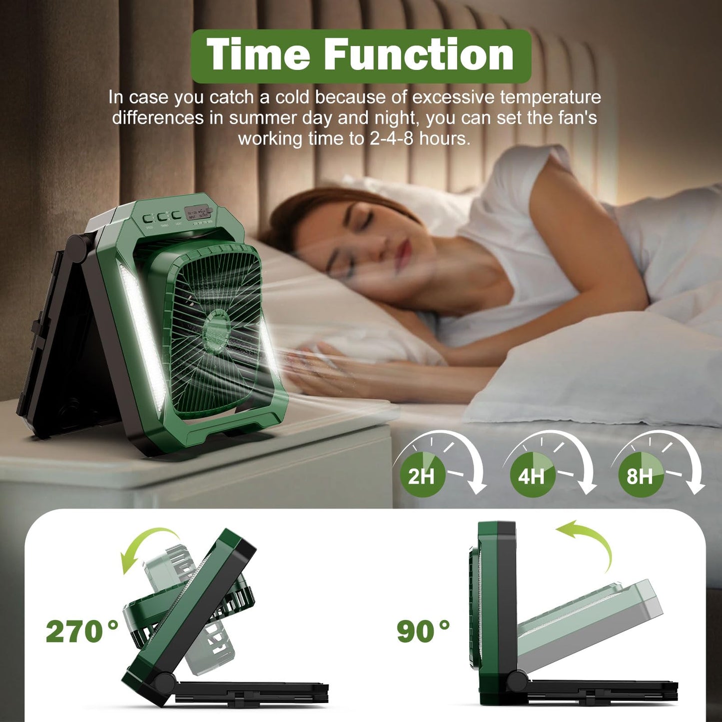 26800mAh Solar Battery Camping Fan, 3 Speeds Portable Fan with 18W Detachable Solar Panel, Rechargeable Desk Fan with LED Light & Timing Function, Outdoor Hurricane Tent Power Bank for Home Office