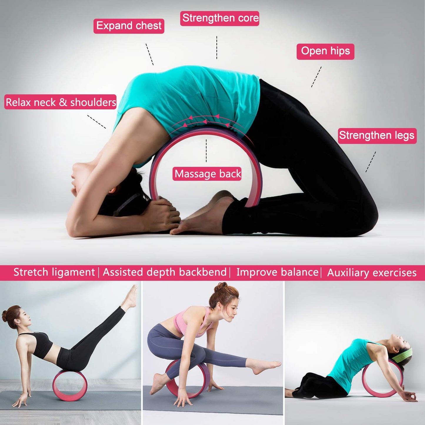 11-in-1 Yoga Wheel Set Back Roller & 2 Blocks with Strap,Resistance Bands,Jump Rope,Carrying Bag,Perfect Yoga Back Wheel Accessory Starter Kit for Beginner, Stretching and Improving Backbends-Purple