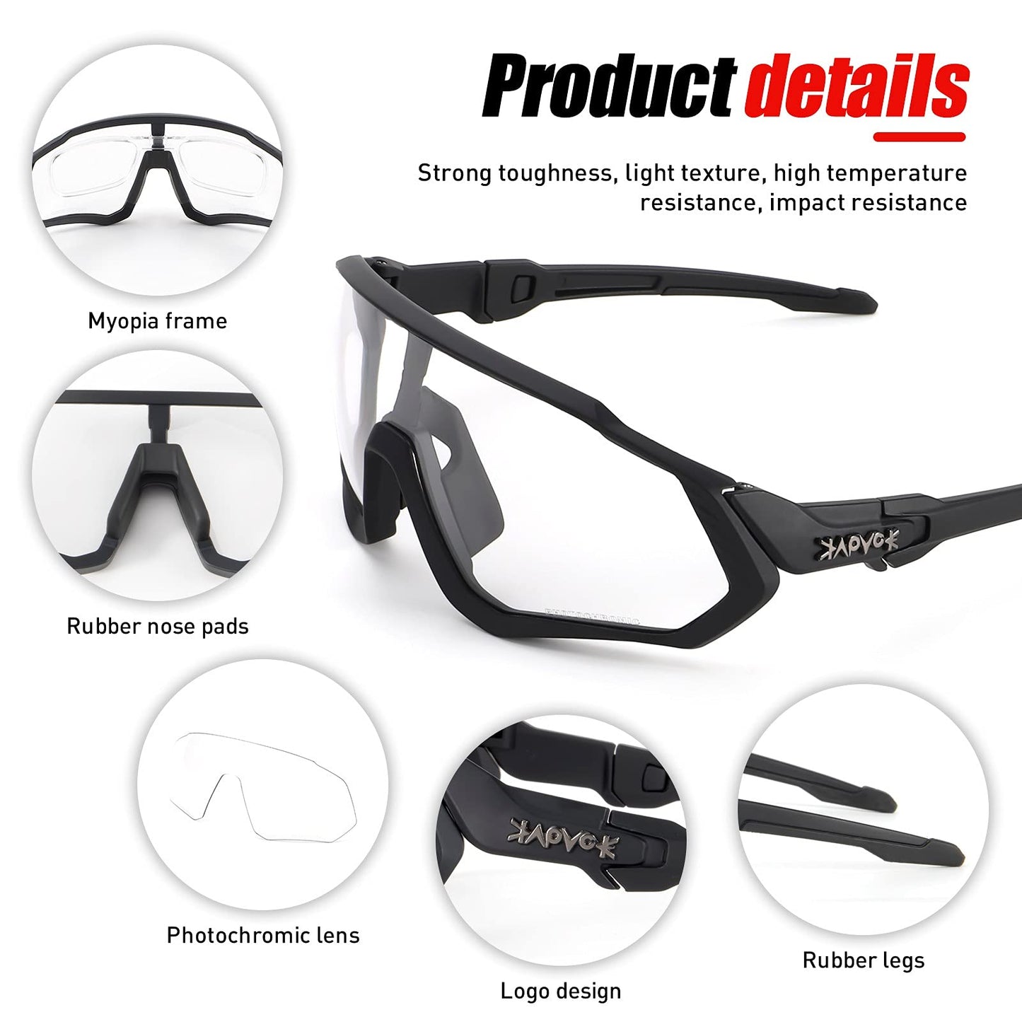 KAPVOE Photochromic Cycling Glasses Men Women Mountain Bike Sunglasses Clear MTB Bicycle Riding - K9408