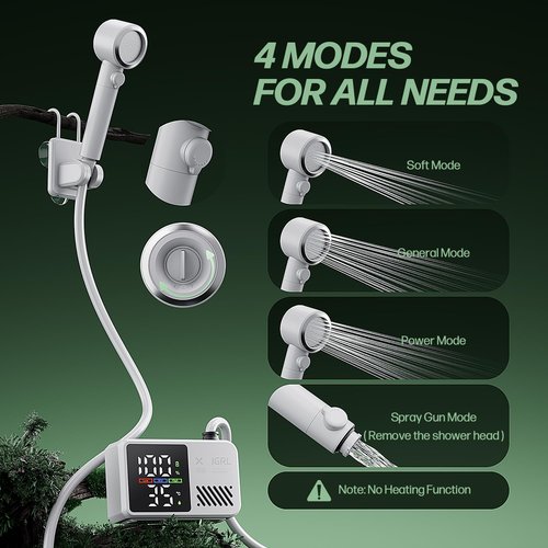 IGRL Portable Shower for Camping, Powerful 10L/Min Water Flow, Rechargeable Shower Pump with Bath Sponge, 4 Spray Modes, IPX8 Waterproof, 7800mAh Battery, Ideal for Hiking, Travel, Car Wash, Pet
