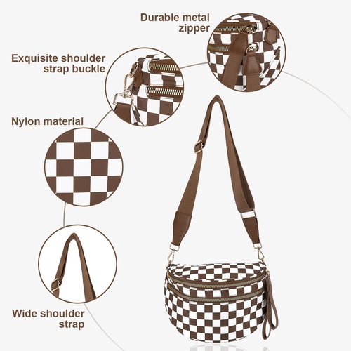 ETOYA Checkered Crossbody Bum Bag for Women Nylon Gold Blush Bumbag Large Belt Bag for Mom Emmafy Handbags Wallets with Adjustable Strap Roomy Casual Fanny Pack for Travel Outdoors
