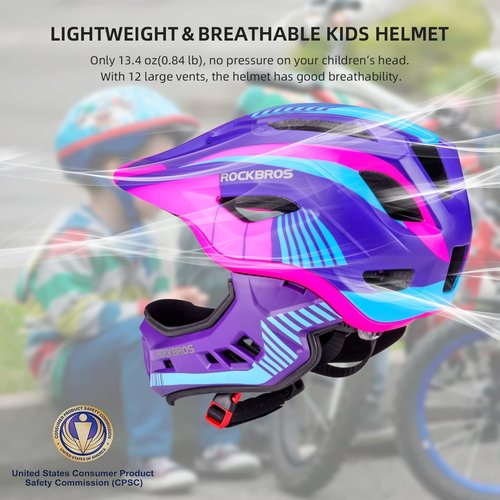 ROCKBROS Kids Full Face Helmet Kids Bike Helmets Lightweight Toddler Mountain Bike Helmet Detachable for MTB BMX Skating Cycling Scooter Safety Bicycle Helmets for Youth Child Boys Girls Ages 3-16
