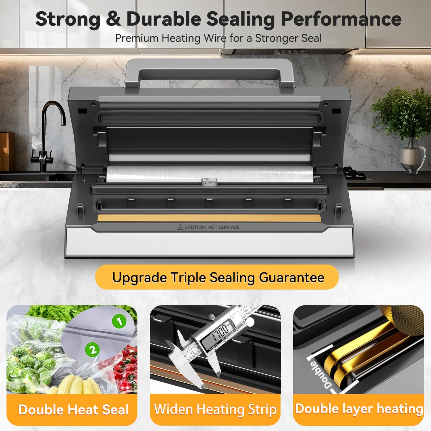 2025 VacApex Food Vacuum Sealer Machine, Compact Stainless Steel Vacuum Sealer for Food with Built-in Cutter & Storage, Strong Suction, One-Touch Operation, Double Heat Seal, Moist & Dry Mode