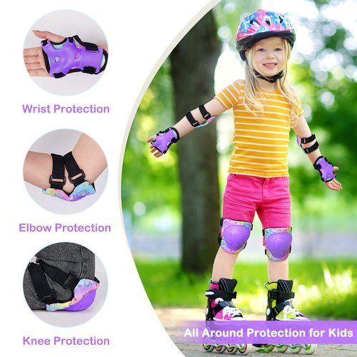 FIODAY Knee Pads for Kids Protective Gear Set Adjustable Kids Knee Pads and Elbow Pads with Wrist Guard for Girls Roller Skates Cycling Bike Skateboard Scooter Knee Pads, 3-8 Years,Rainbow Unicorn