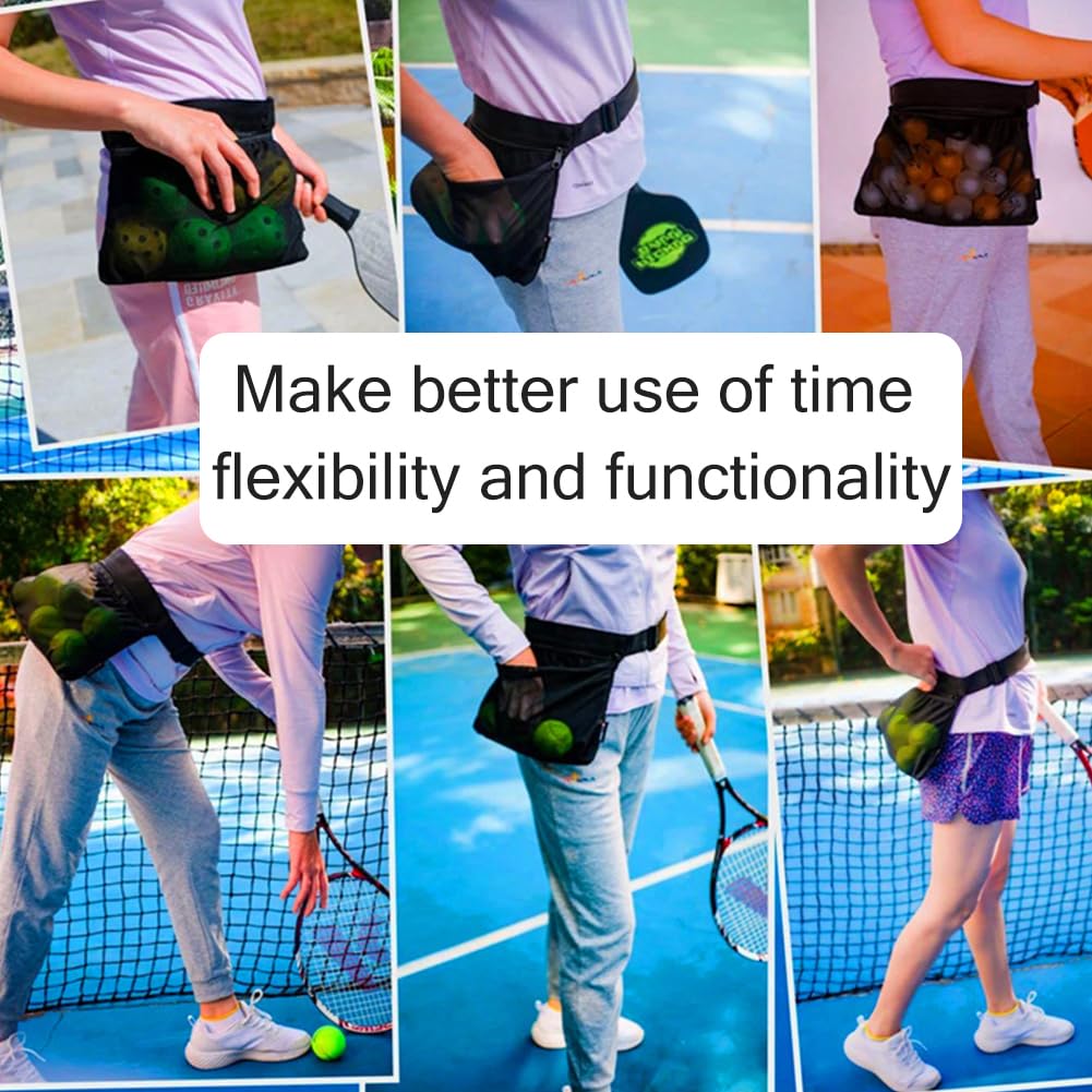 2Pcs Tennis Ball Band Holder Pickleball Ball Waist Bag with Adjustable Belt,Tennis Balls Holder Waist Pouch Carrier Holding 8 Tennis or Pickleball for Cycling,Golf(black,Size:13.68 x 10.63inch)