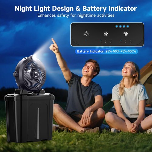 ROWXubau Portable Misting Fan with 11L Large Bucket for Outdoor Patios, 20000mAh Battery Operated Camping Fan with Hanging & Lighting, 3 Speed & 3 Spray Outlets, Rechargeable Fans for Fishing Garden
