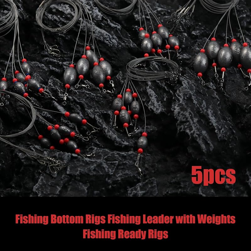 5Pcs Fishing Rig with Egg Sinker Weight - 30g (1oz) Flounder Bottom Rigs, Stainless Wire, Beads, Swivels