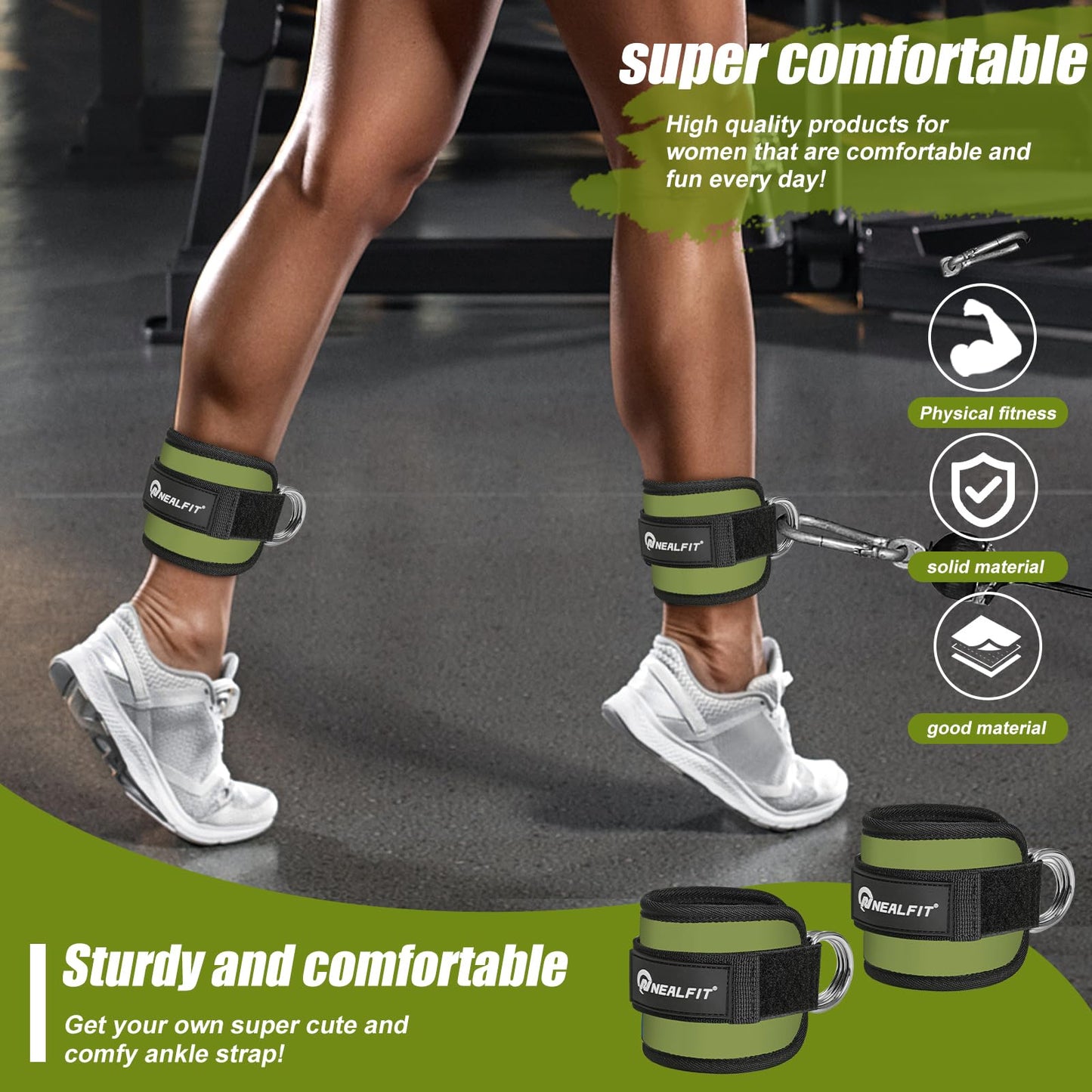 NEALFIT Ankle Strap for Cable Machine, Gym Ankle Cuff for Kickbacks, Leg Extensions, Glute Workouts, Booty Hip Abductors Exercise for Women and Men (Army Green, Pair)