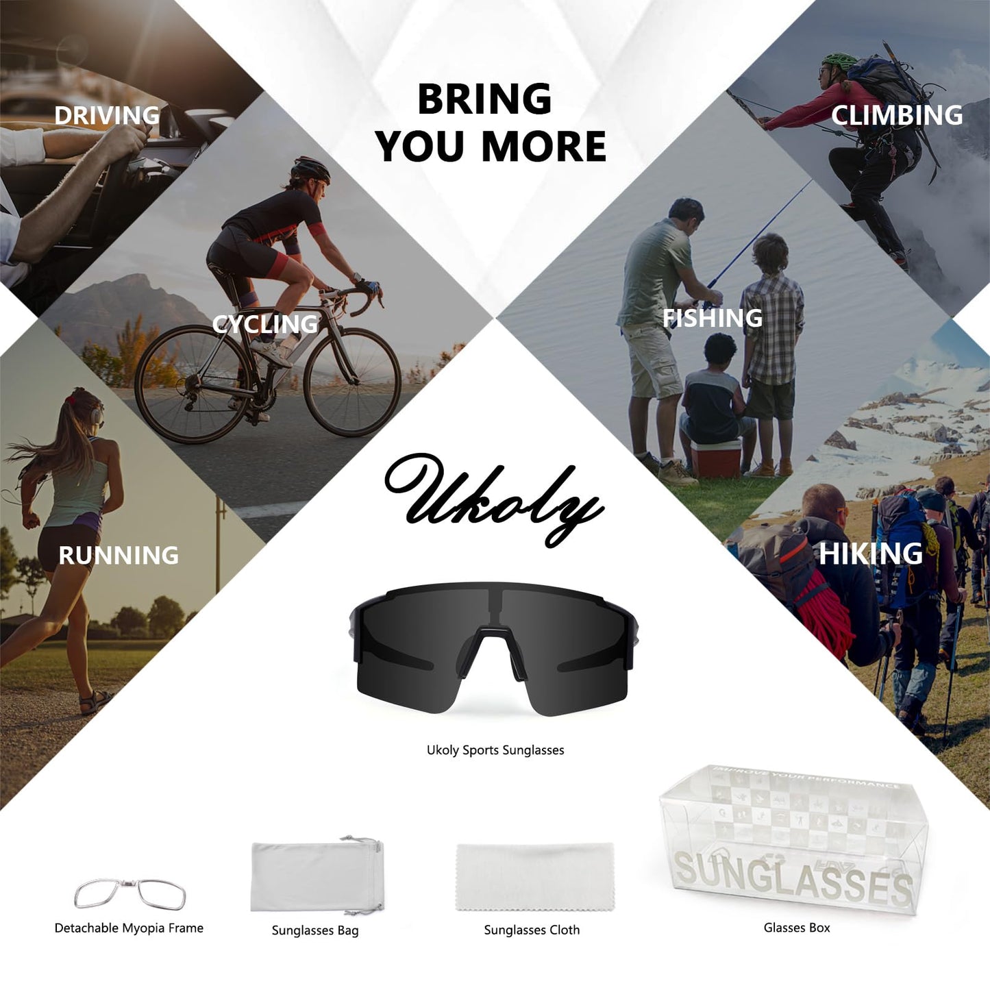 Ukoly Cycling Sunglasses for Men Women with 3 Interchangeable Lenses, Polarized Sports Sunglasses, Baseball glasses (GREY-1 Lens)