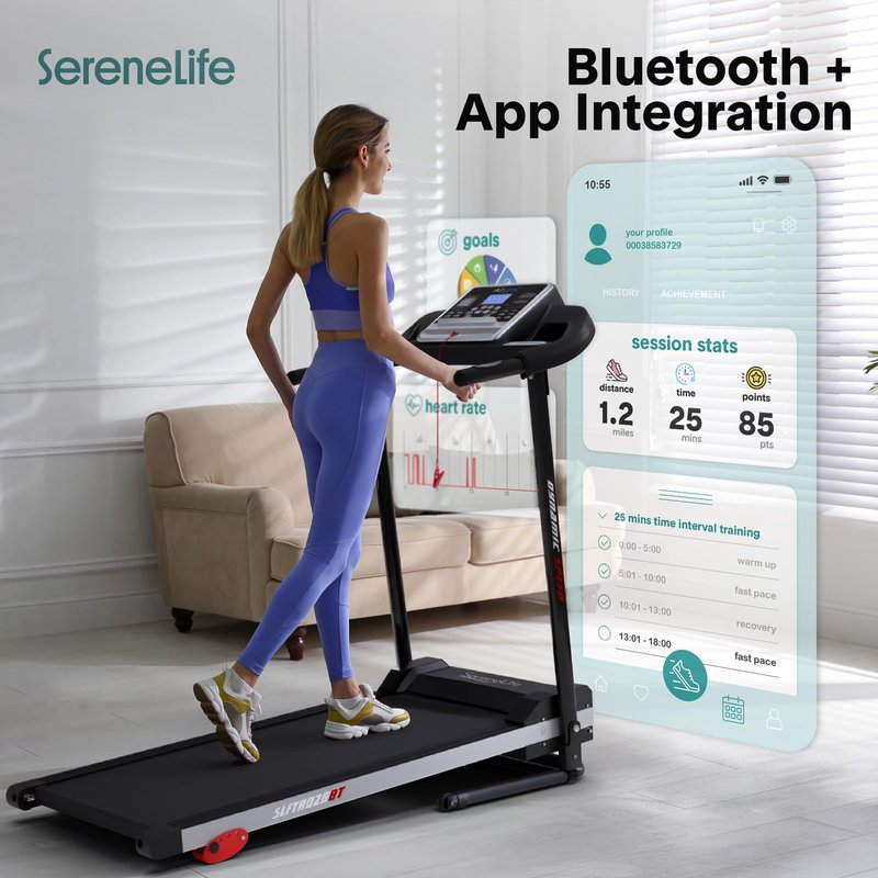 SereneLife Treadmill with Incline & Handle Bars | Compact Portable Walking Pad & Treadmill for Home/Apartment | Wide Running Belt 40" x 16" | Includes Workout Trainer Program with Bluetooth App