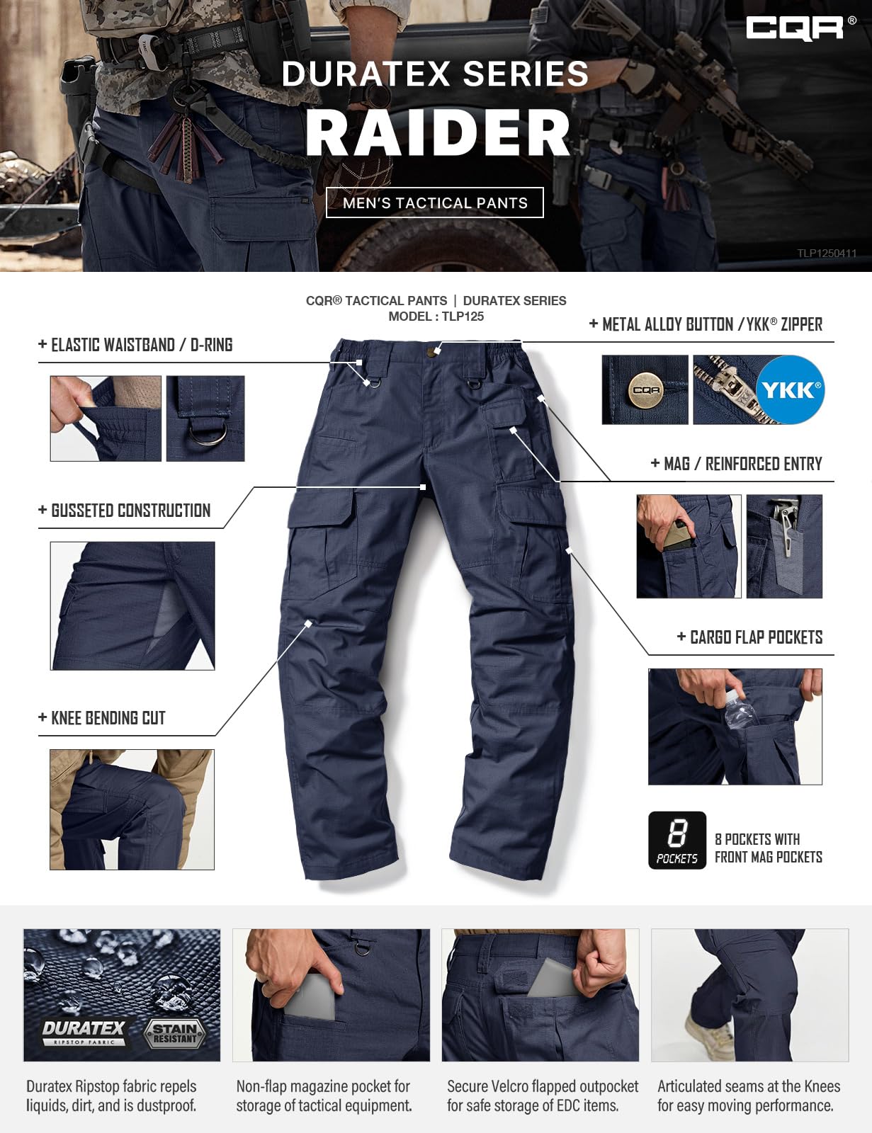 CQR Men's Tactical Pants, Water Resistant Ripstop Cargo Pants, Lightweight EDC Work Hiking Pants, Outdoor Apparel, Duratex Mag Pocket Police Navy, 38W x 34L