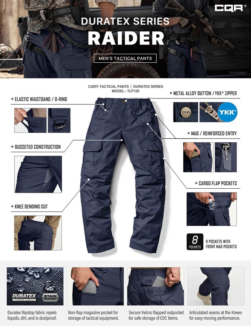 CQR Men's Tactical Pants, Water Resistant Ripstop Cargo Pants, Lightweight EDC Work Hiking Pants, Outdoor Apparel, Duratex Mag Pocket Police Navy, 36W x 32L