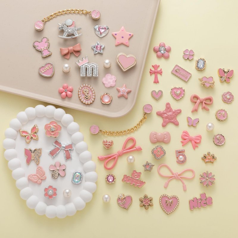 30,50pcs Pink Bling Random Shoe Charms for Girls Women Cute Pearl Butterfly Flower Chains Shoes Accessories Decorations for Clog Sandals Birthdays Party Favors Decorations Gifts