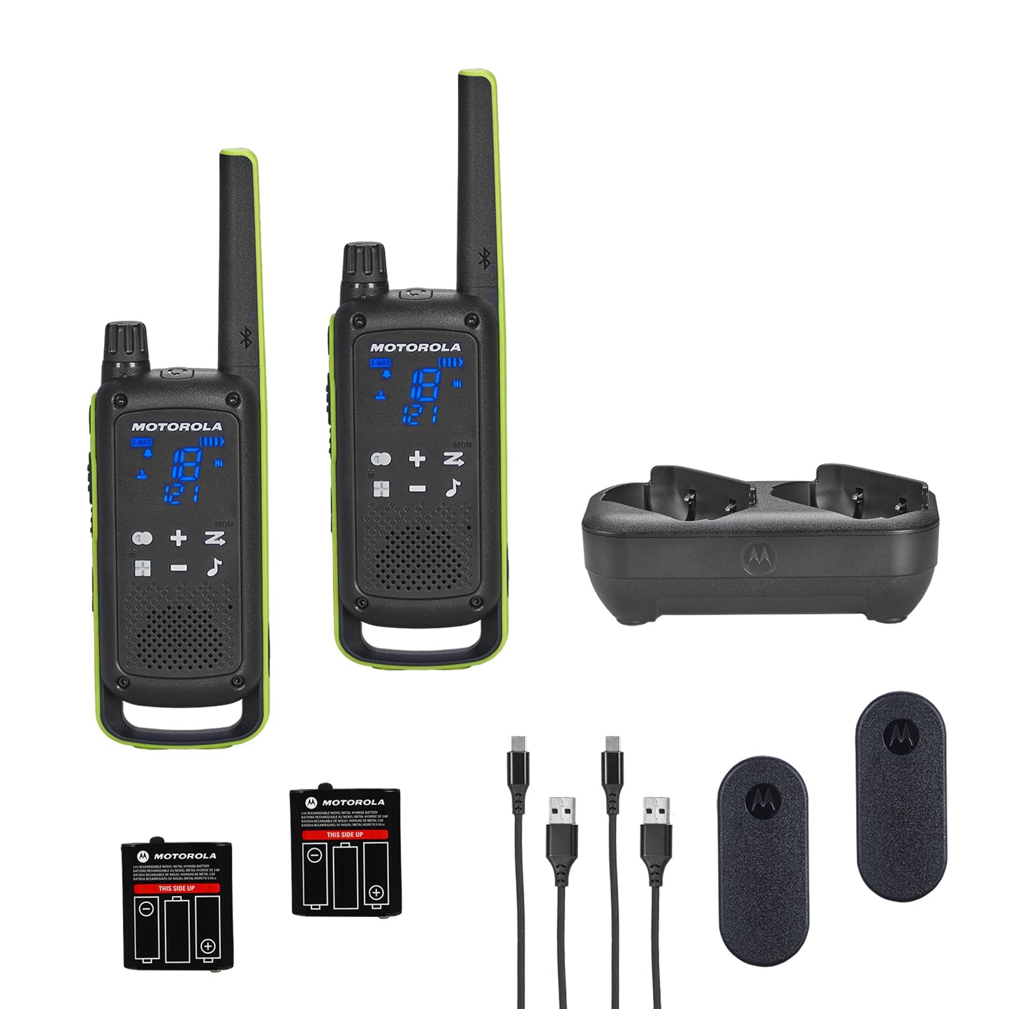 Motorola Solutions T803 Waterproof IP54 Two Way Radio Walkie Talkie 35 mi. Bluetooth w/Charging Dock 2-Pack (Lime Green)