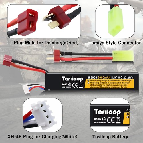 Tosiicop 11.1V Airsoft Battery 2000mAh - Lipo Batteries 30C & XH-4P Connector with T Plug to Mini Tamiya Conversion Cable Rechargeable USB Charger for Airsoft Model Rifle Gel Blaster Accessories