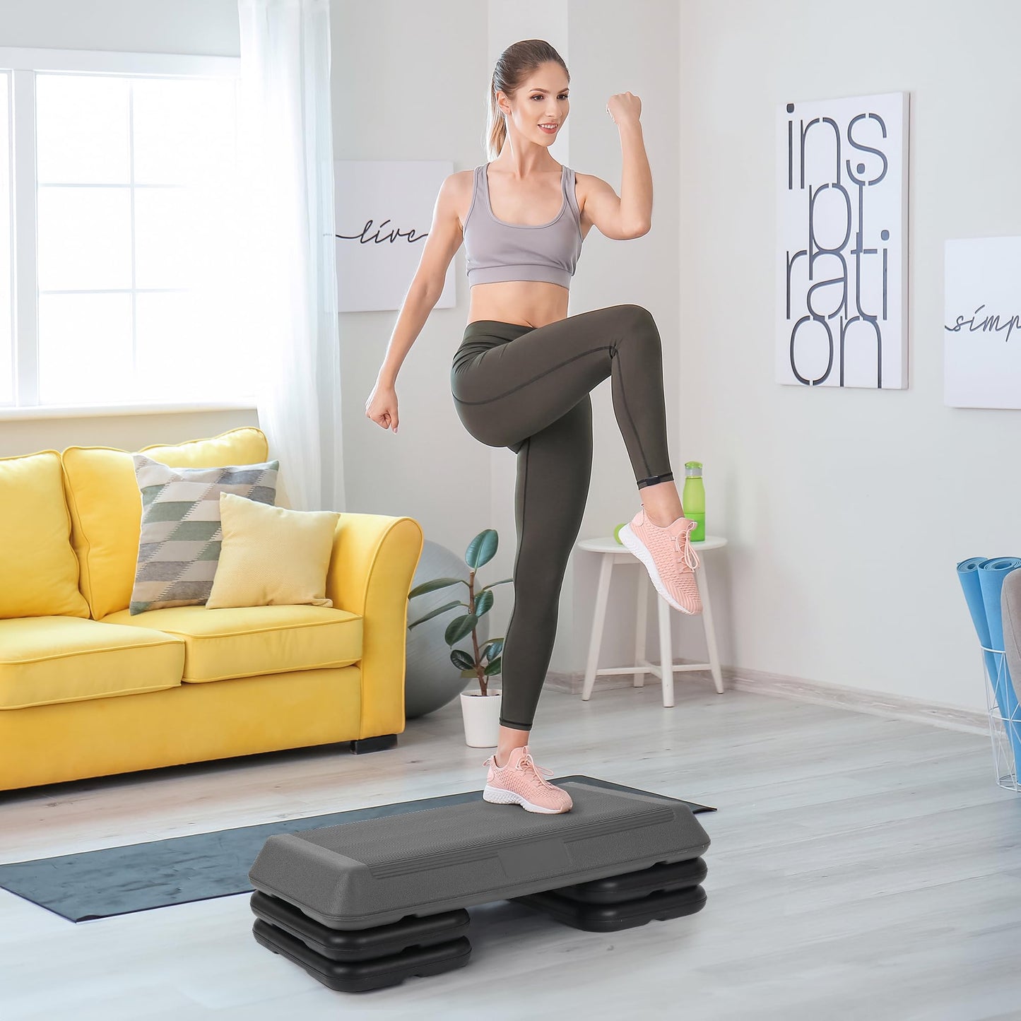 JungleA 28.5'' Exercise Step Platform Aerobic Stepper Workout Step Up Box for Home Gym, Circuit Size Steppers Bench, 4 Stackable Risers, 3 Levels 4"-6"-8" Height Adjustable Fitness Stair