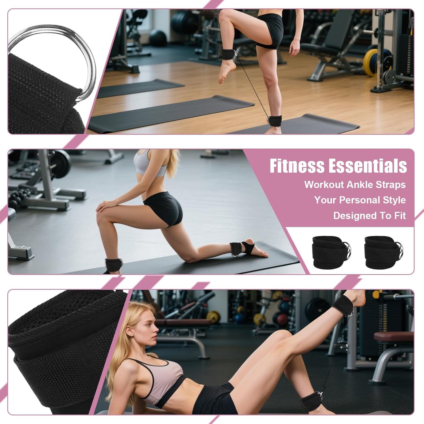 2 Pcs Ankle Strap for Cable Machines Women,Workout Gym Ankle Strap for Cable Machine,Ankles Resistance Bands with Cuffs for Working Out,Glute Bands,Booty Hip Abductors Exercise(Black)