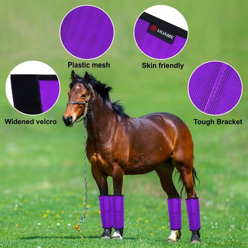 HUAME Horse Fly Boots, Breathable Mesh Protection Set of 4, Comfortable Pony Leggings, Breathable Mesh Design, Equines Supplies for Reduce Stomping, Hoof Damage & Leg Fatigue (Purple, Medium)