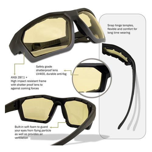 SOL PRO Anti-Fog Motorcycle Riding Glasses, Safety Eye Protection, Wrap Around, Foam Padding, Dustproof Windproof, Hunting, Hiking, Driving, For Men Women