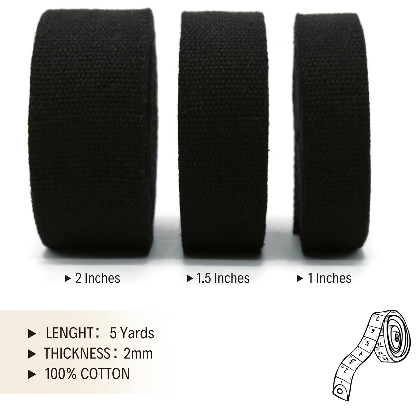 2" & 1.5'' & 1" Cotton Webbing - 5 Yards - 50+ Colors -%100 Natural Cotton - Turkish Woven - 1 Inch 1.5 Inch 2 Inch Black Canvas Webbing for Sewing Straps Bags Climbing Indoors Craft DIY 11515…