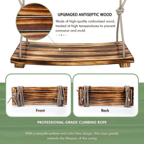 FOKOL 2025 Upgraded Large Wooden Swing Seat, 24"x 9.8", Hanging Tree Swing for Adults & Kids, 500lbs Load, Adjustable Nylon Rope & Tree Straps, Indoor/Outdoor Swings with Purple Floral Garland