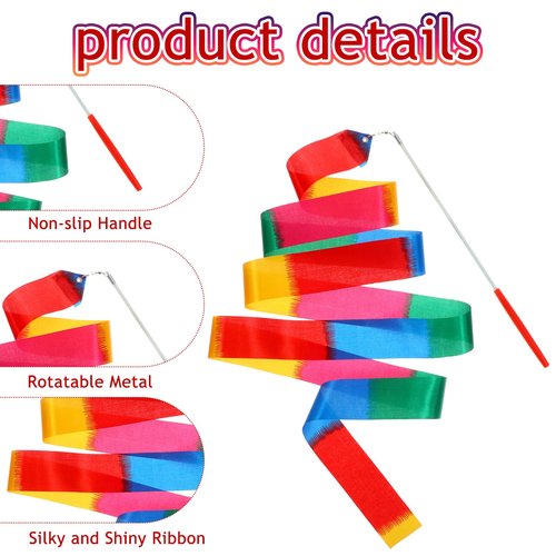 Piriuuo 3 Pcs Dance Ribbons for Kids, 78.7 Inch Ribbon Dancer Wand for Kids Rhythmic Gymnastics Ribbon Sparkling Rainbow Twirler Stick for Fits Artistic Dancing Gymnastics, Outdoor Play, Talent Shows