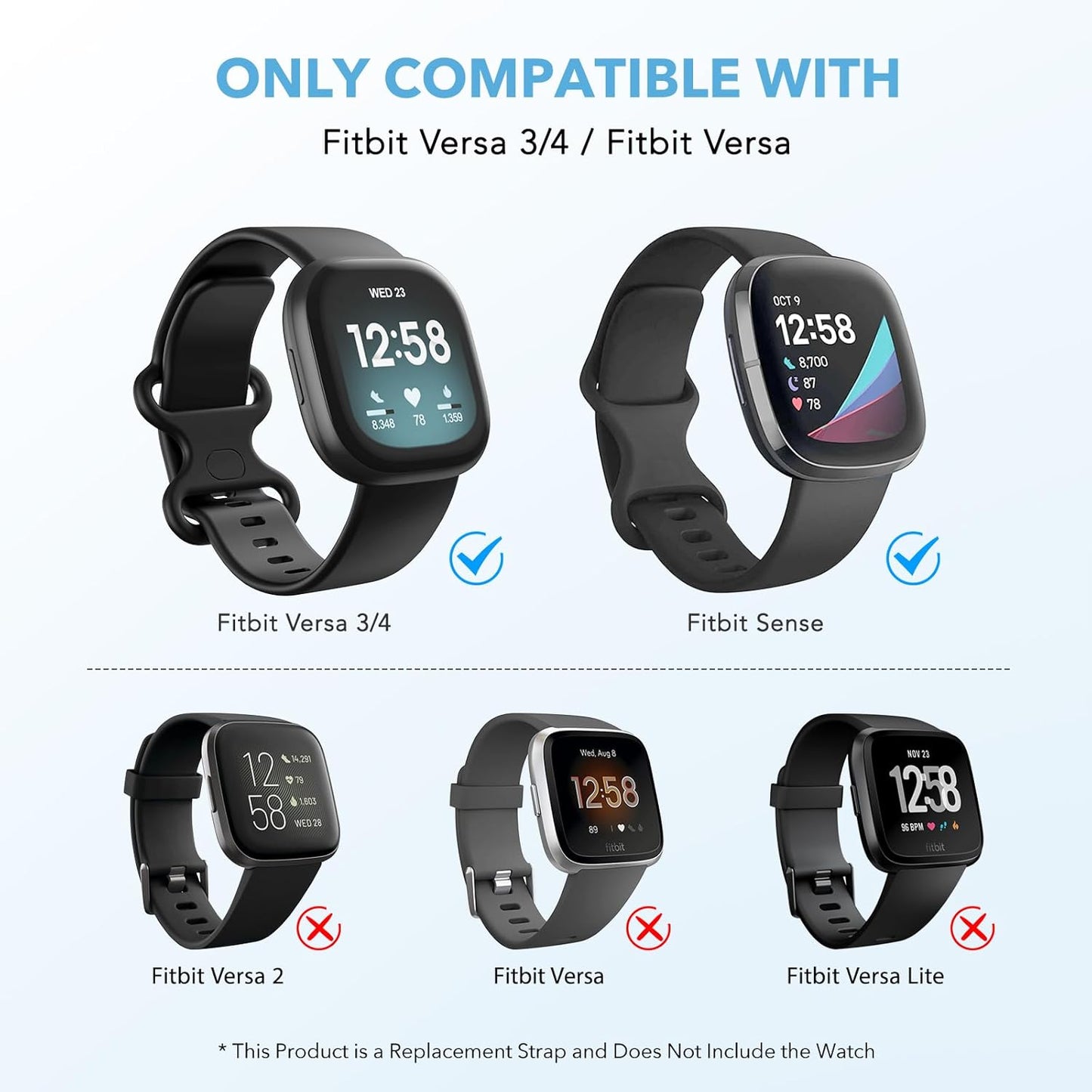 2 Pack Waterproof Bands Compatible with Fitbit Versa 3 / Fitbit Versa 4 / Fitbit Sense/Sense 2 Bands, Classic Soft Sports Replacement Wristbands for Women Men (Large 7.1''-8.7'', black/black)
