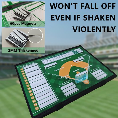 Magnetic Baseball Lineup Board for Dugout, Collapsible Softball & Baseball Clipboard for Coaches | Includes 60 Magnets, Markers, Eraser & Water-Resistant Carrying Bag for Coaches, Players, Teams