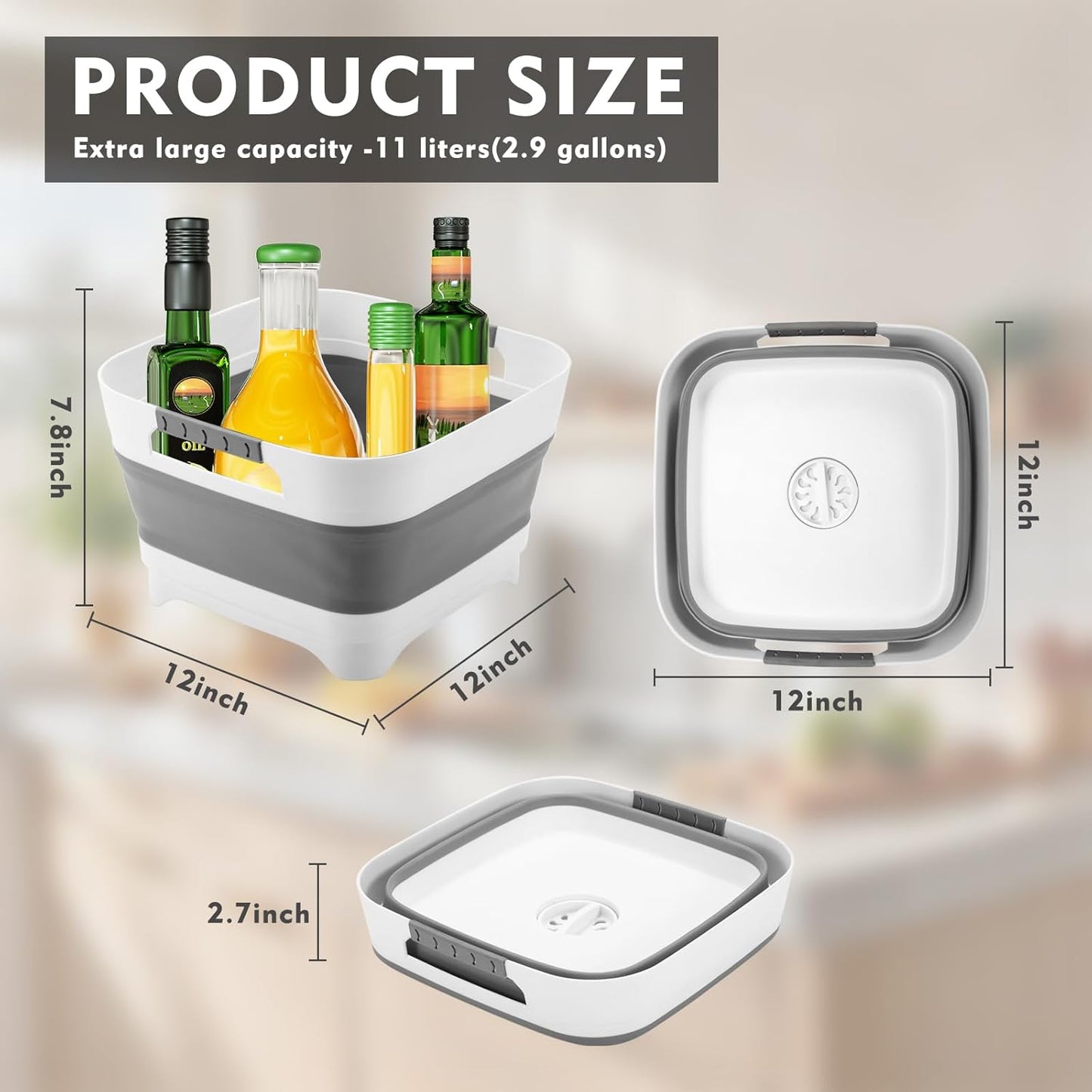 2.4Gal (9L) Collapsible Wash basin With Drain Plug, Suitable For Kitchen Sinks/Outdoor Camping/RV Use, Space-Saving, Highly Portable Washbasin Ideal For Travel (Gray)