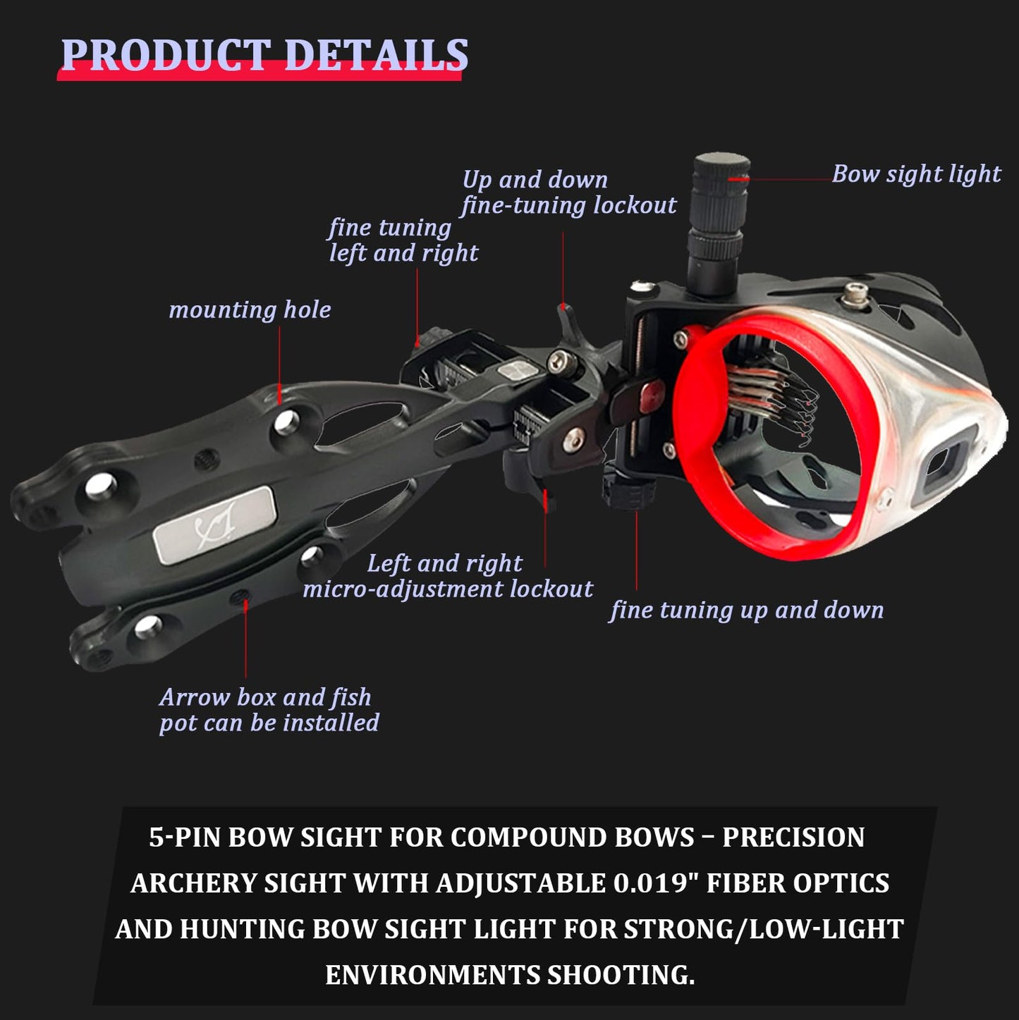 5-Pin Bow Sight for Compound Bows – Micro Adjustable Archery Sight with 0.019" Fiber Optics and Hunting Bow Sight Light.