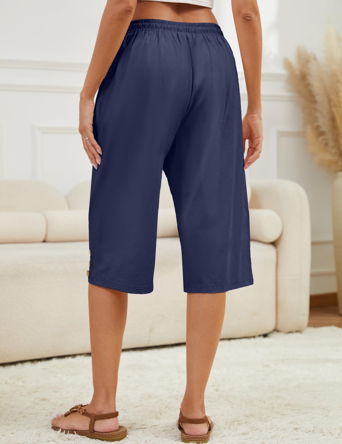 WROLEM Womens Capris Pants High Waist Drawstring Comfy Casual Pants Lightweight Trousers Buttons with Pockets NavyBlue X-Large