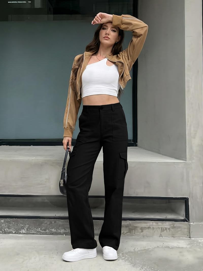 Tall Cargo Pants for Women 34" Inseam - Y2K Straight Leg, 6 Pockets, Black XXL+