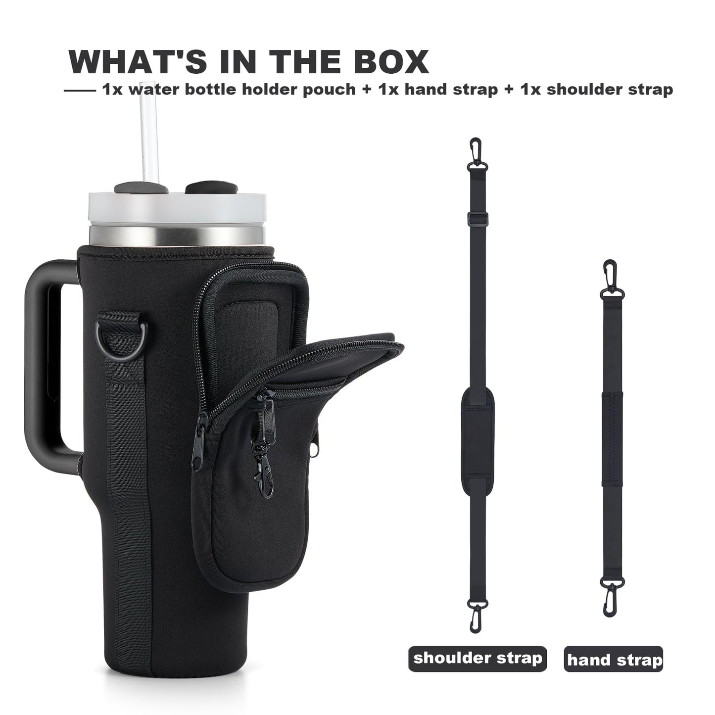 BULKITEM Water Bottle Carrier Bag with Phone Pocket for Black Stanley 40 oz Tumbler with Handle, Black Insulated Neoprene Cup Holder Pouch Strap for Valentines Stanley Cup Accessories