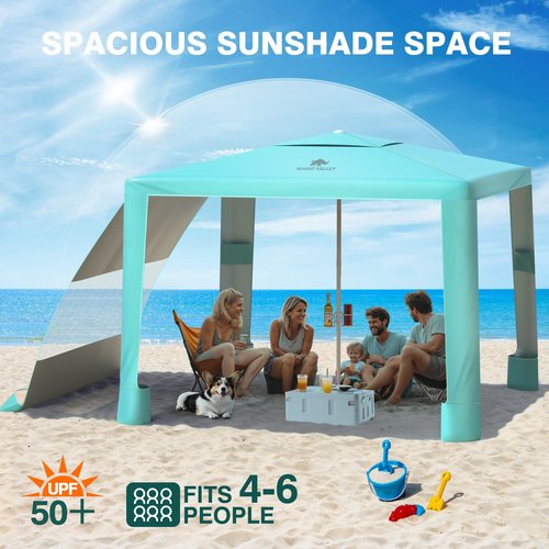 Rhino Valley Beach Cabana, 8*8FT Beach Tent UPF50+ Protection, Easy Setup Beach Canopy Wind Resistant with Cup Holder, Compact Beach Shade Foldable Beach Tent Sun Shelter for Whole Family Friend,Green