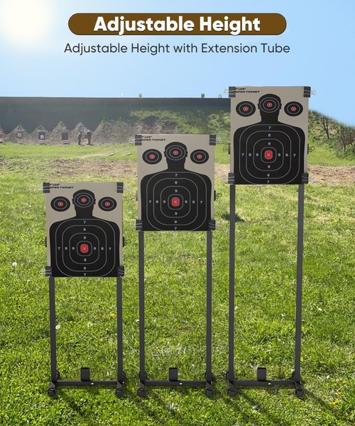 Balie Space 2-in-1 Shooting Target Stand Holder with 10pcs 17x25 Inch Paper Targets for Outdoor, Heavy Duty Range Base Adjustable Width from 8" to 24" for Cardboard Silhouette and Steel Target, Black