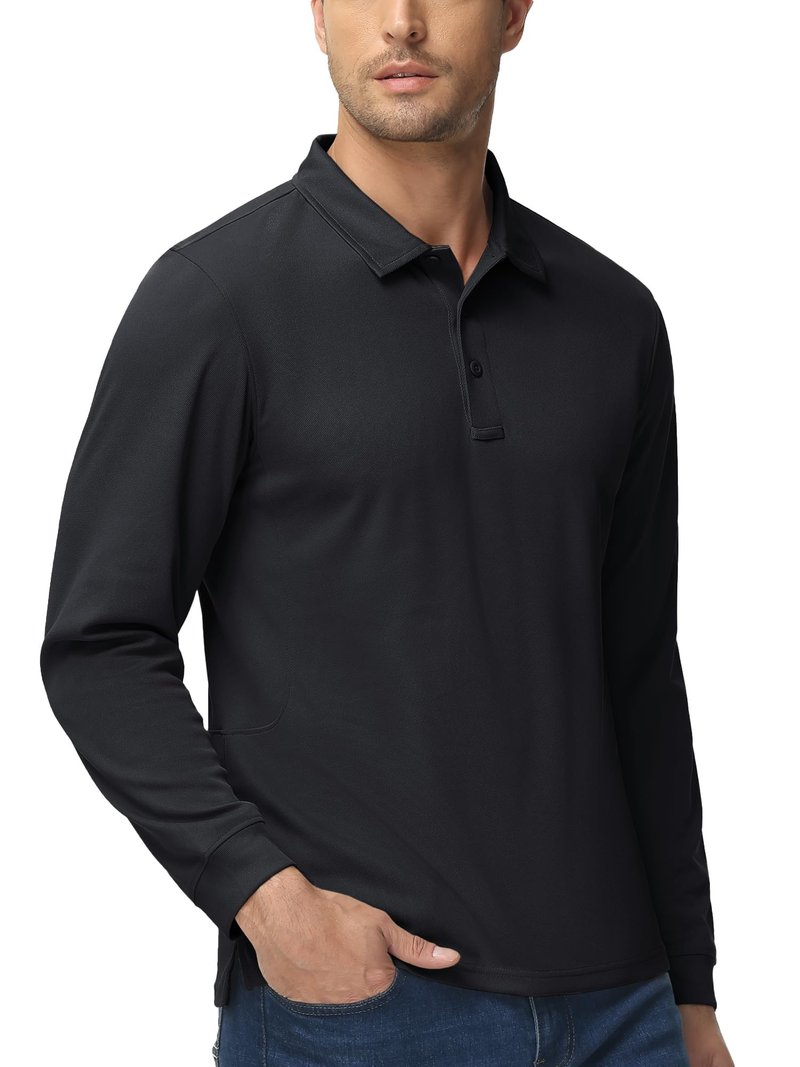 MAGCOMSEN Men's Classic Fit Golf Polo Shirt Long Sleeve Quick Dry Casual Polyester Black