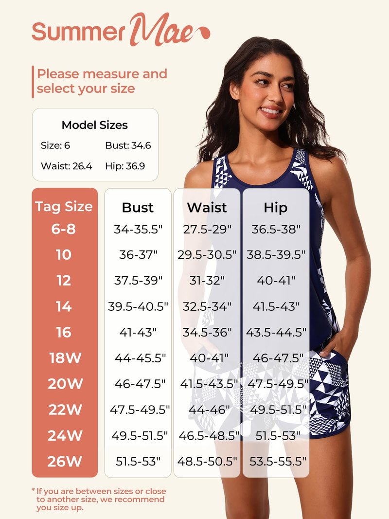 Summer Mae Blouson Tankini Swimsuits for Women 2026 Tummy Control Two Piece Bathing Suits with Sporty Pockets Swim Shorts Blue White Palms Size 14