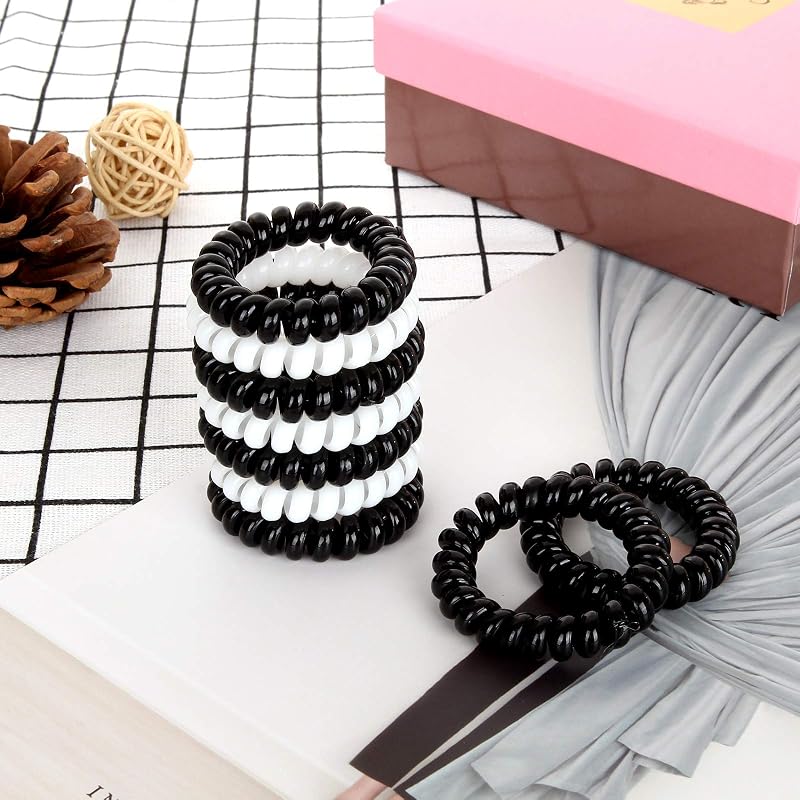 100 Pcs Spiral Wrist Coil Keychains, Plastic Hair Band & Key Ring Set – Black & White