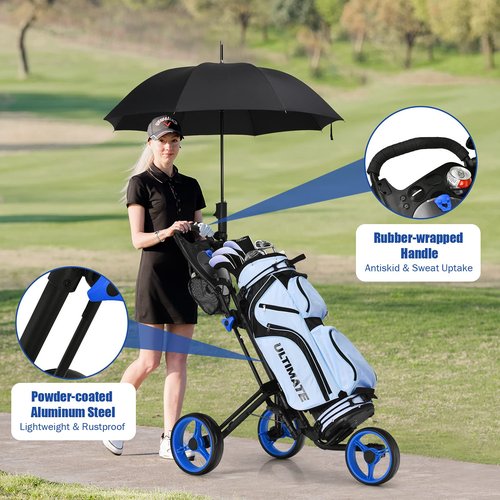 GYMAX Folding Push Cart, 3 Wheel Height Adjustable Lightweight Golf Trolley W/Umbrella Holder & Mesh Bag, Quick Open Fold Cart (Blue)