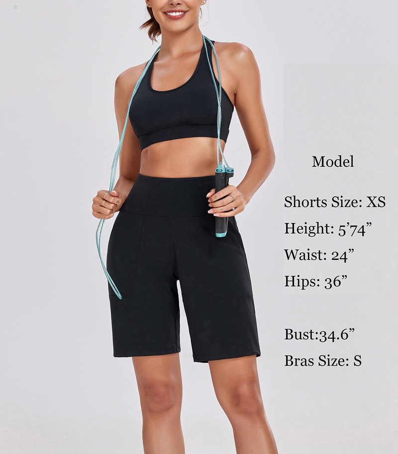Oalka Women's High Waisted Shorts Yoga Workout Bermuda Long Hiking Shorts with Pockets 10" Shorts Black L